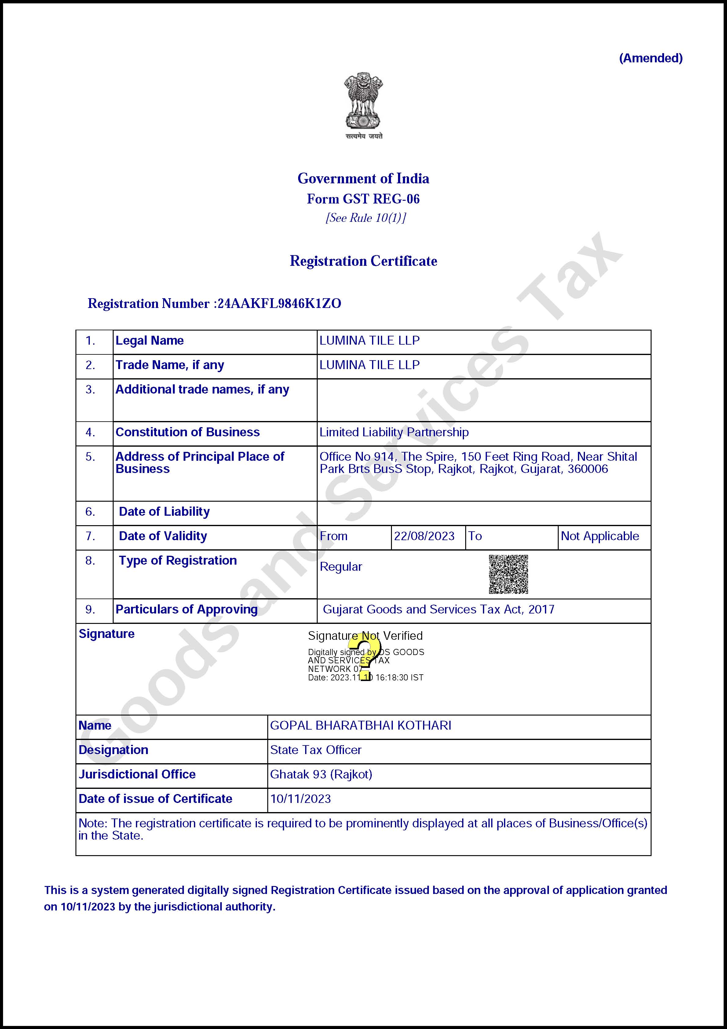 COMPANY REGISTRATION - CERTIFICATE