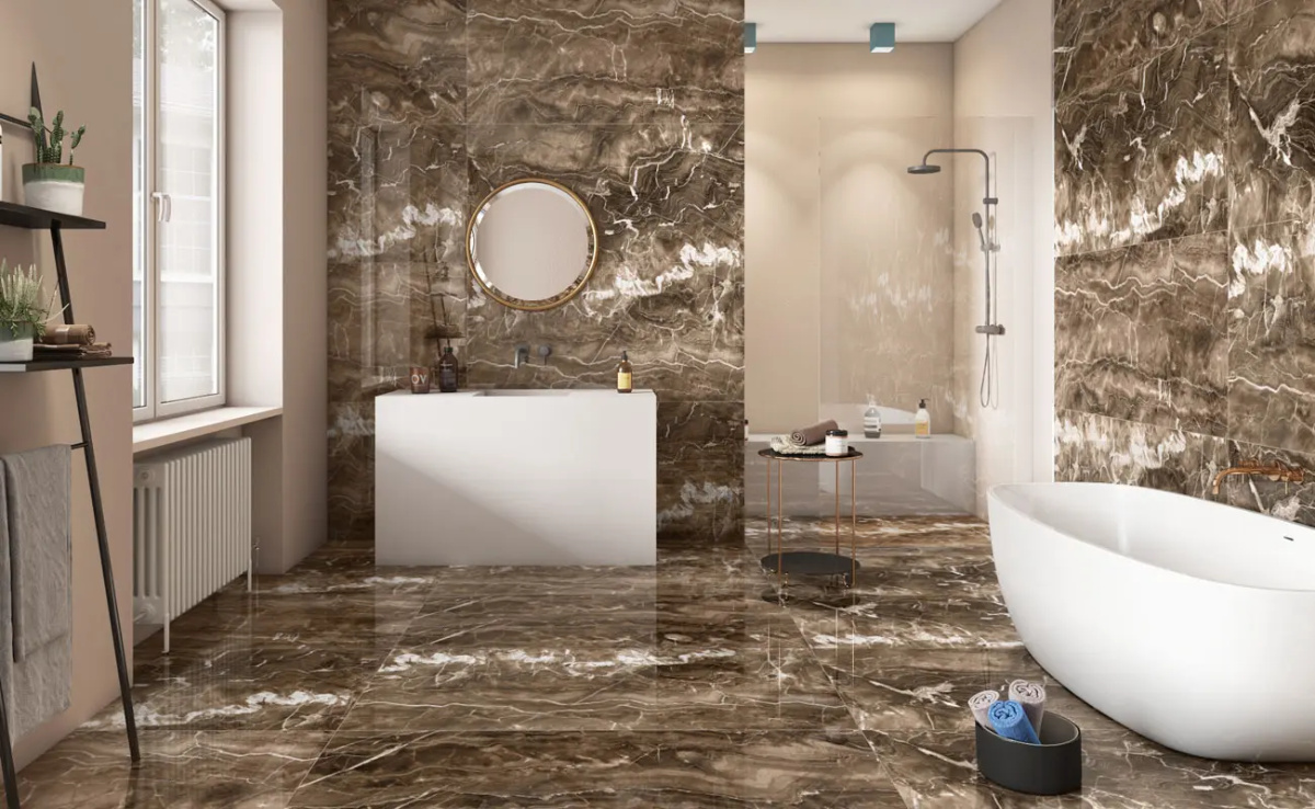 Brown onyx bath, wall to floor