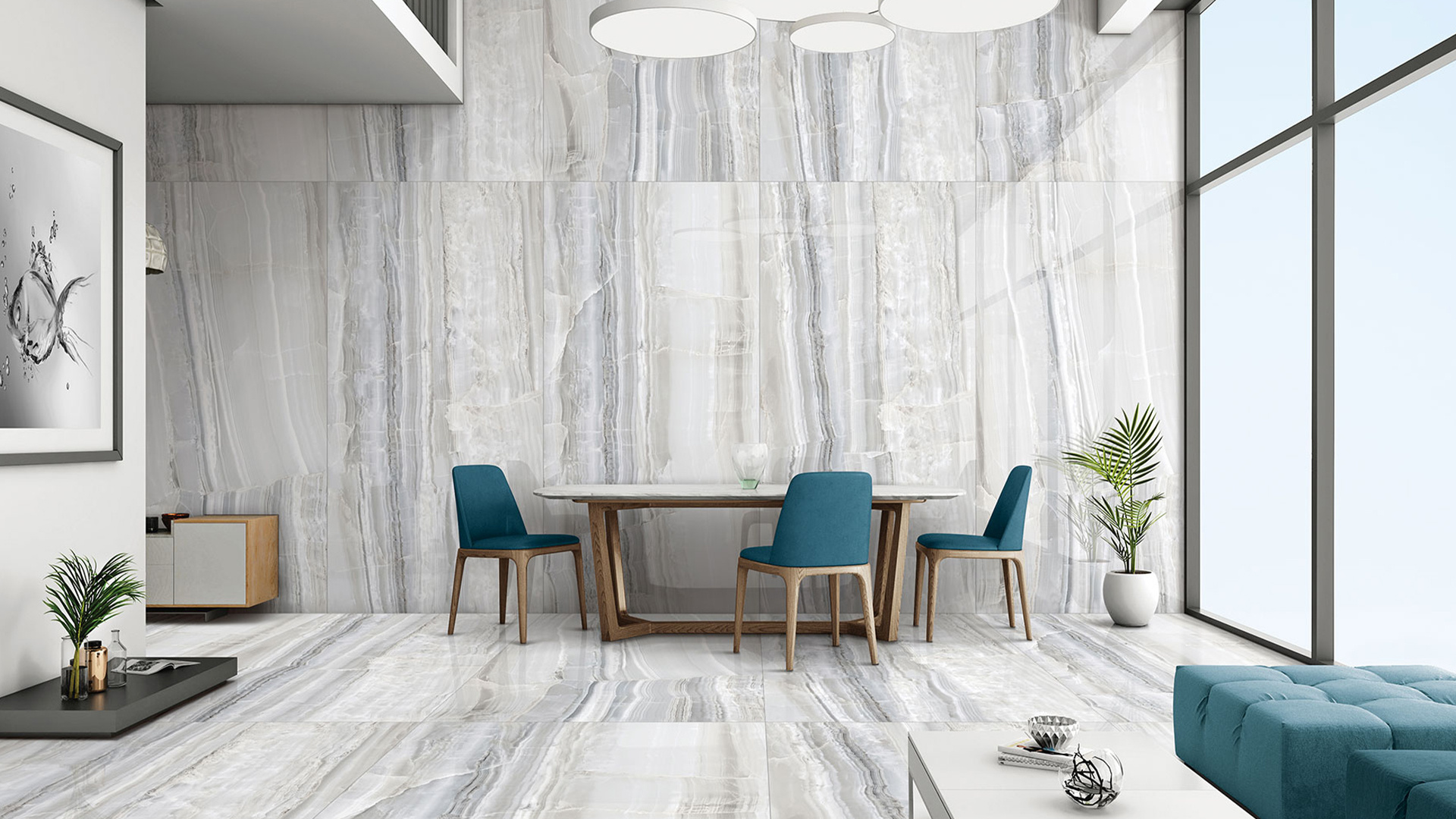 Onyx-look slabs, wall to floor