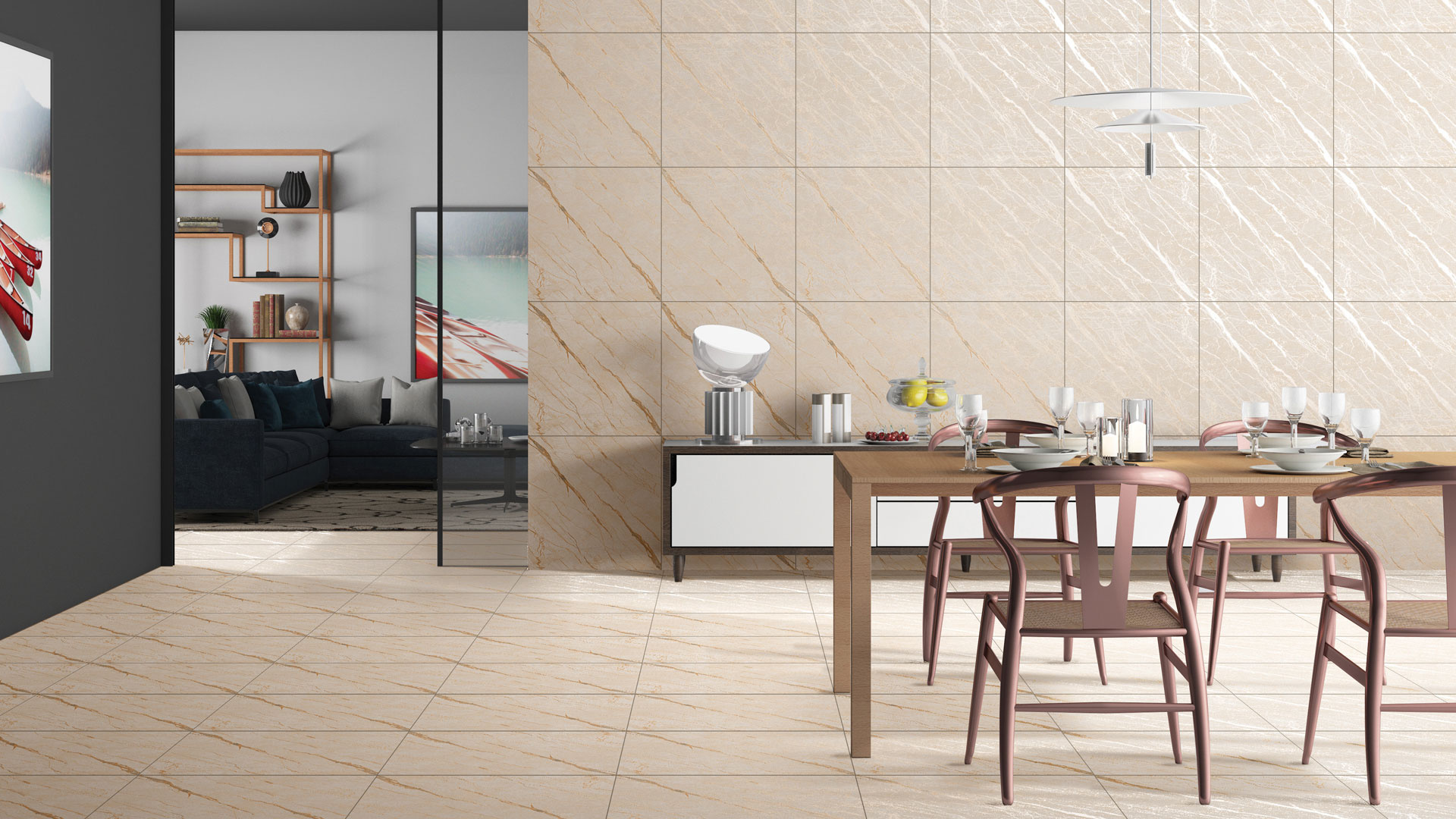 Beige marble-look dining wall