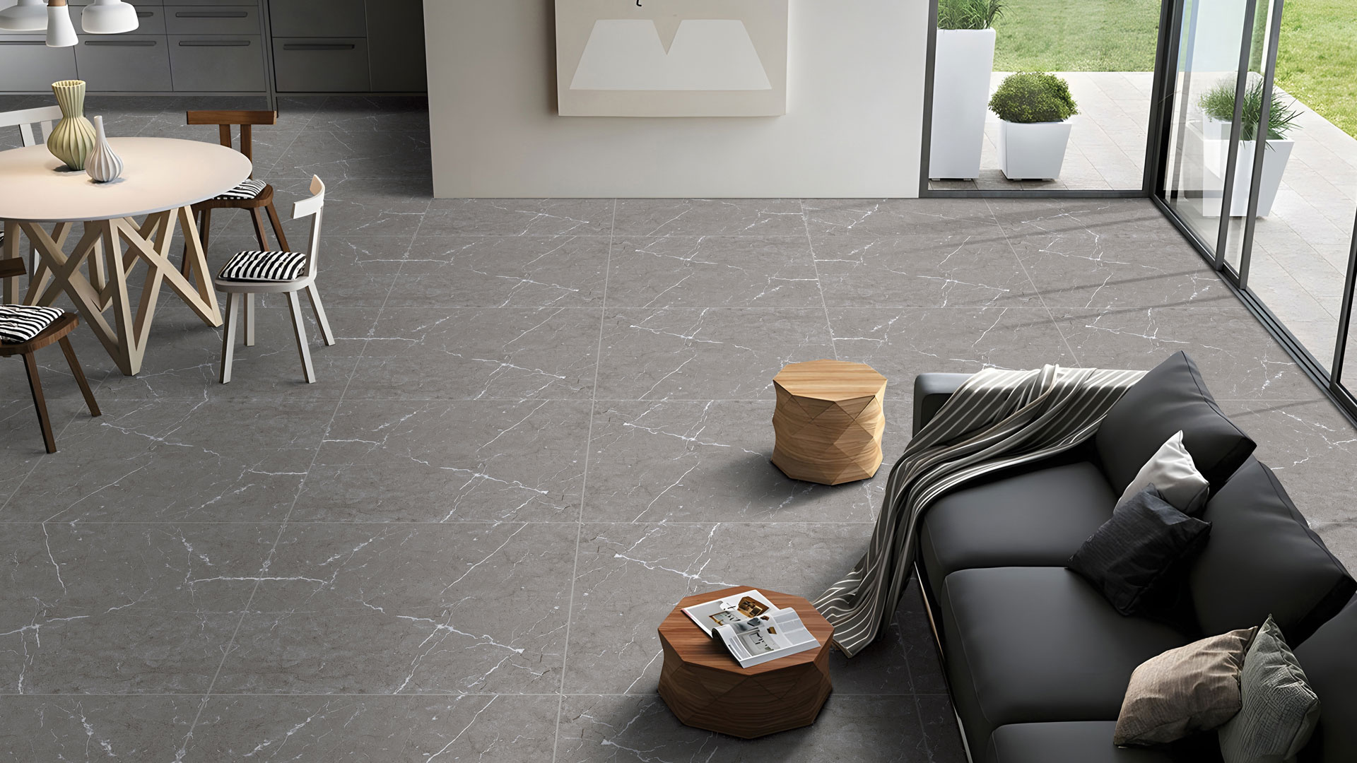 Stone-look floor, open living
